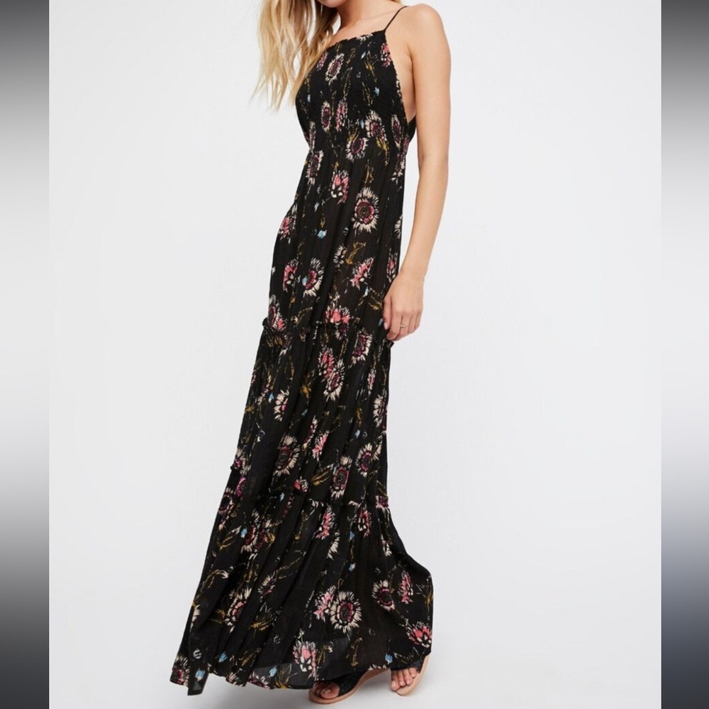 [Free People] Black Floral Halter Maxi Dress